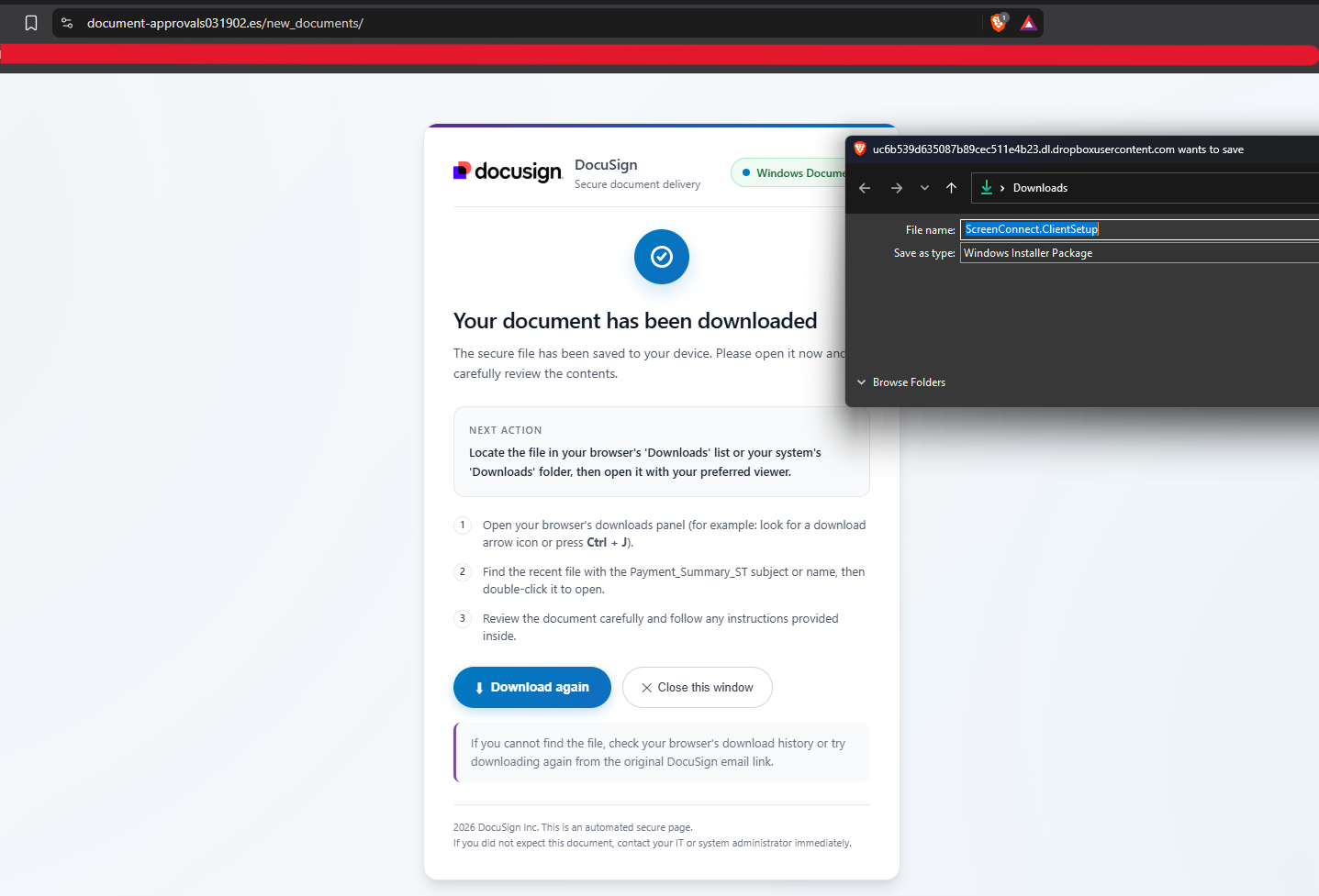 Fake DocuSign landing instructing Payment_Summary_ST while Save As shows ScreenConnect.ClientSetup.msi from Dropboxusercontent