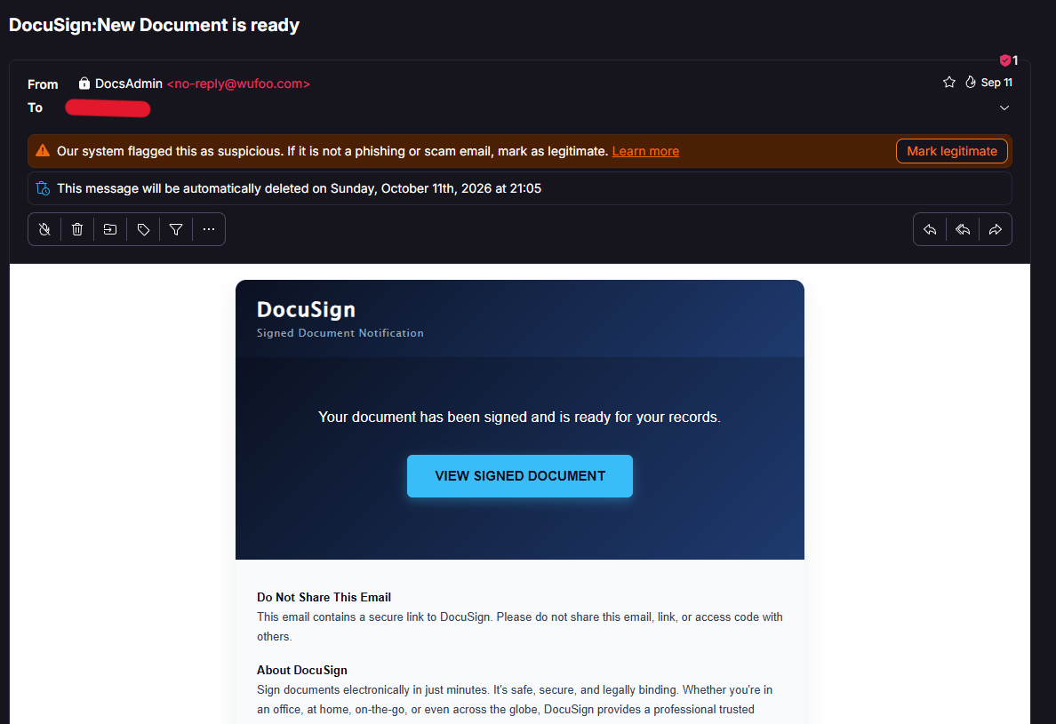 Proton inbox view of the DocuSign-branded Wufoo message marked phishing