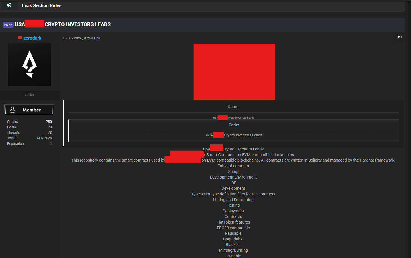 Forum bait post by zerodark advertising free USA COMPANY crypto-investor leads (COMPANY name redacted)