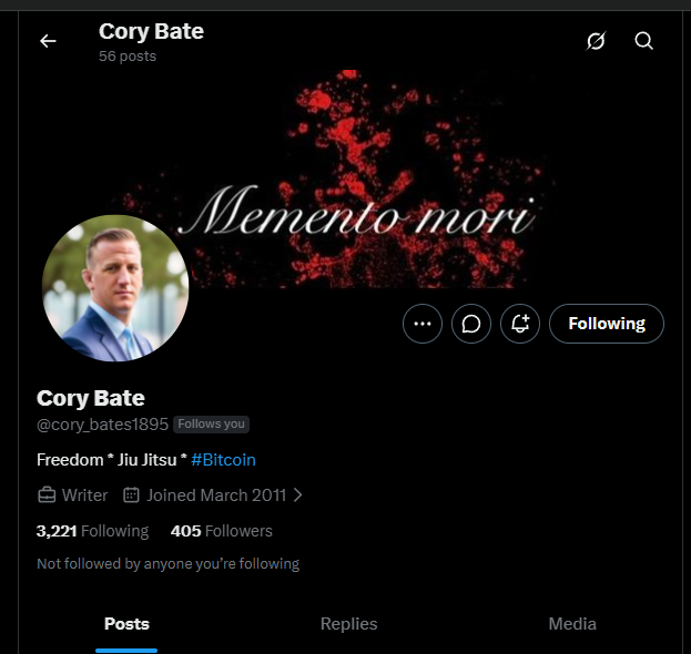 Cory Bates X profile, joined March 2011, bio "Freedom · Jiu Jitsu · #Bitcoin", 405 followers and 3,221 following