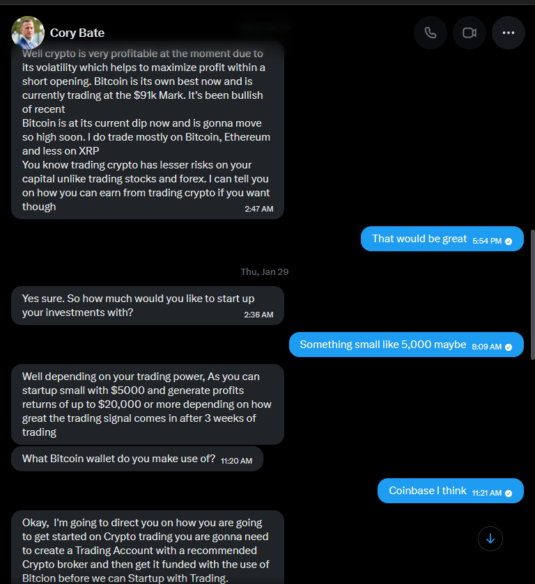 Cory's reply: "you can startup small with $5000 and generate profits returns of up to $20,000 or more depending on how great the trading signal comes in after 3 weeks of trading"