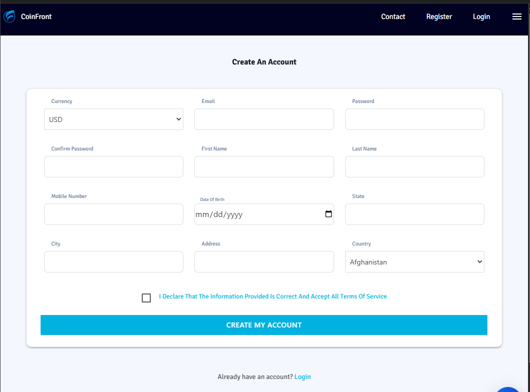 CoinFront "Create An Account" page with fields for Currency, Email, Password, Confirm Password, First Name, Last Name, Mobile Number, Date Of Birth, State, City, Address, and a Country dropdown defaulting to "Afghanistan"