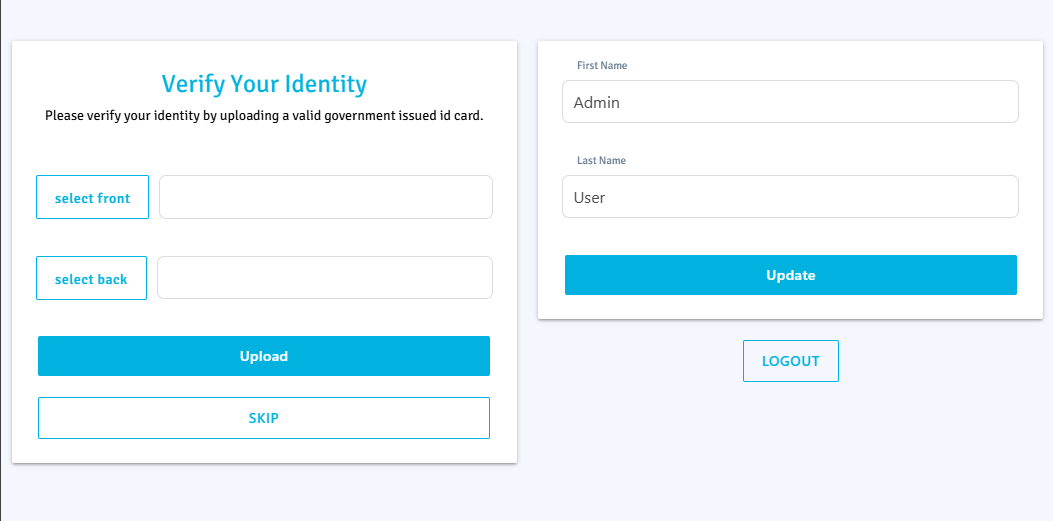 CoinFront "Verify Your Identity" page with an Upload button and, right below it, a Skip button