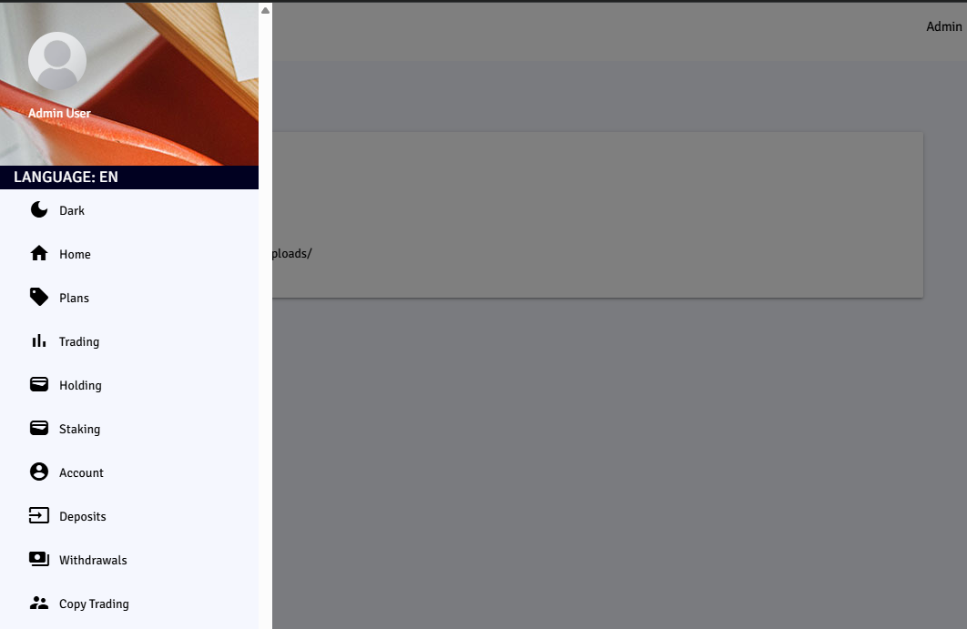 CoinFront post-login dashboard sidebar with menu items: Dark, Home, Plans, Trading, Holding, Staking, Account, Deposits, Withdrawals, Copy Trading