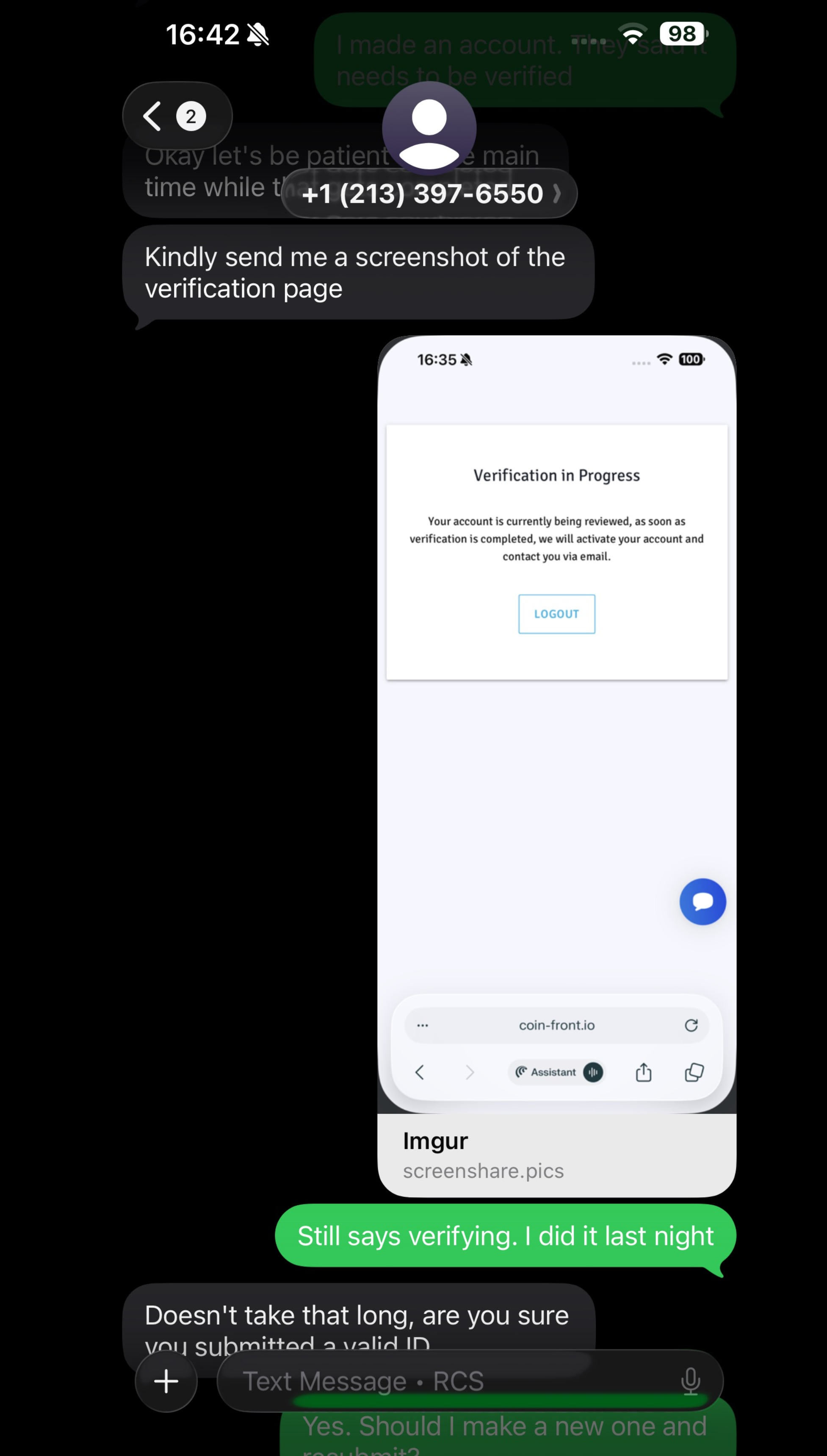 Text message thread: I send "Imgur screenshare.pics" link, Cory replies asking about ID submission