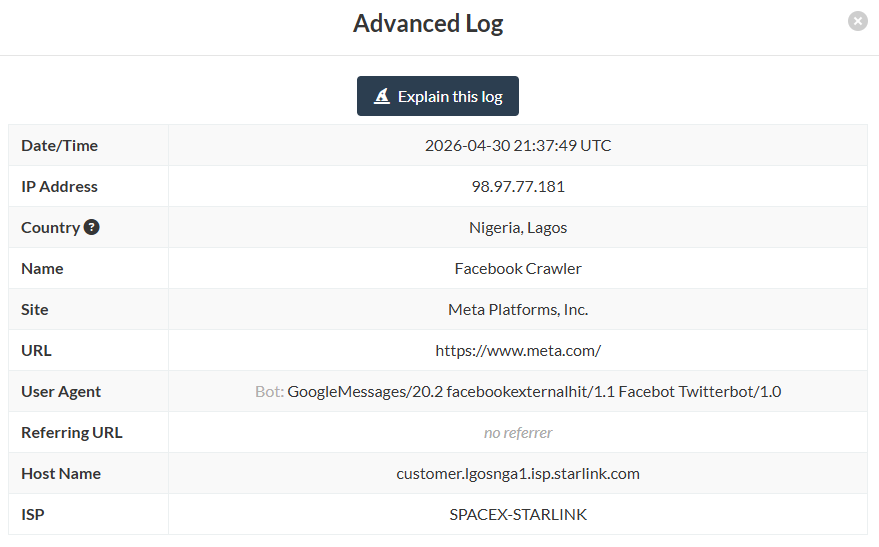 Grabify Advanced Log: Date 2026-04-30 21:37:49 UTC, IP 98.97.77.181, Country Nigeria Lagos, ISP SPACEX-STARLINK, Hostname customer.lgosnga1.isp.starlink.com